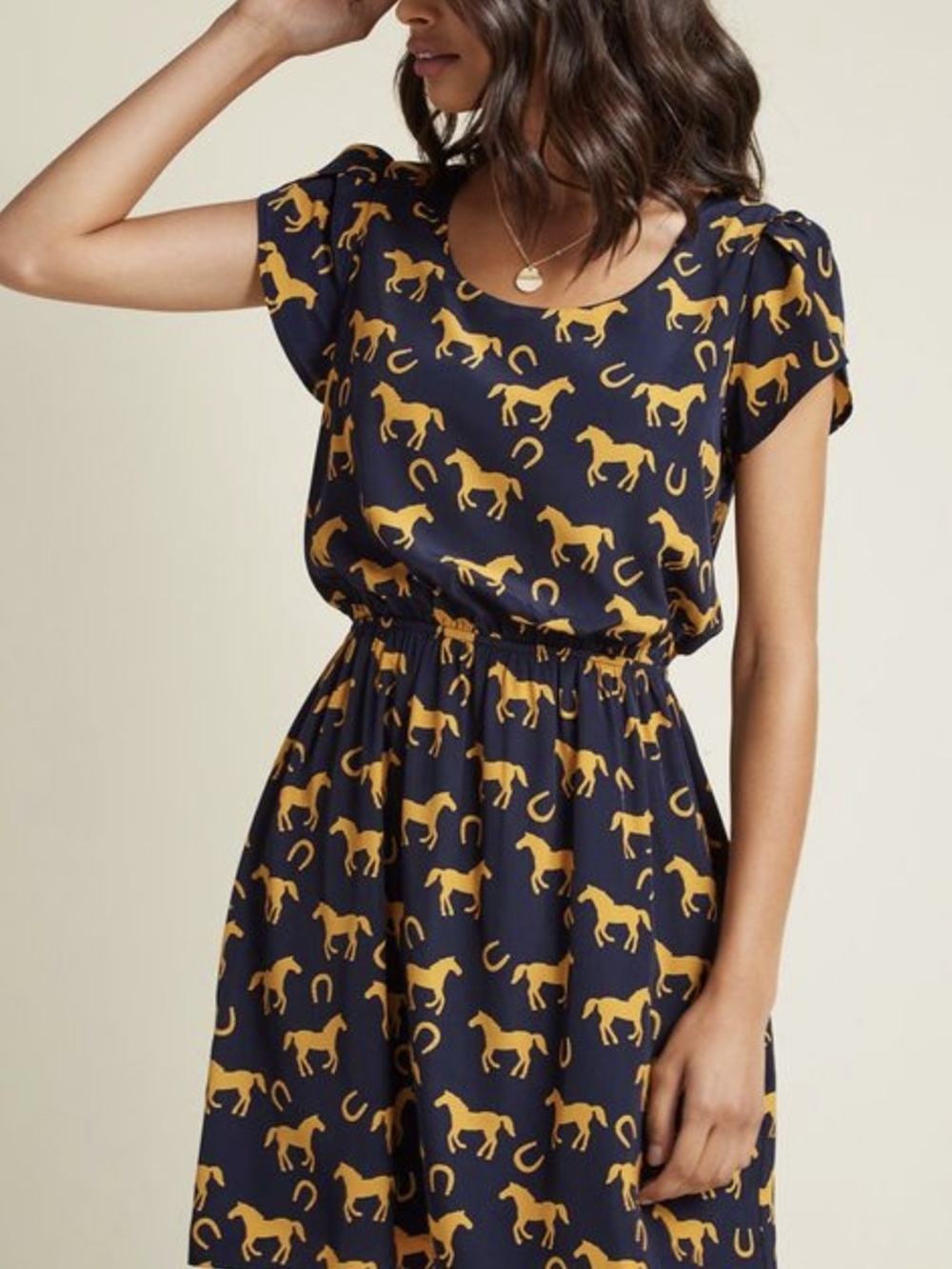 Peach Love California Navy and Mustard Horse-Print Elastic-Waist Midi Dress